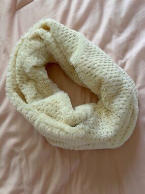 Dusty white infinity scarf with gold specs, furry. very soft!